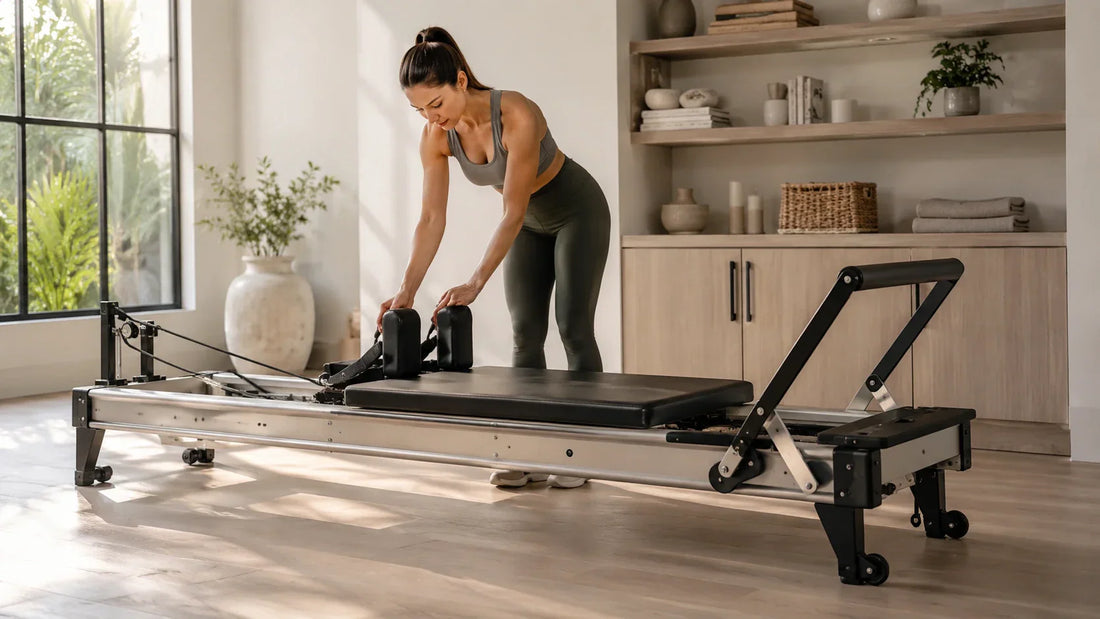 Foldable Pilates reformer machine in a modern home workout space with a compact and space-saving design