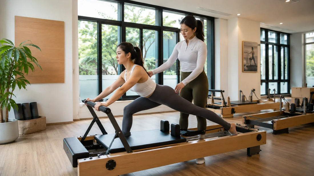 Instructor helping a beginner use a reformer Pilates machine safely in a professional studio
