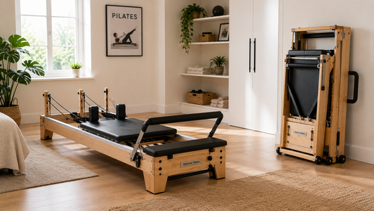 Oak Foldable Reformer Pilates Machine in Home Pilates Studio
