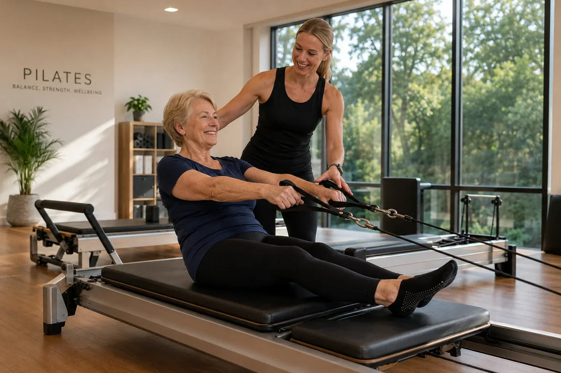 Older adult practicing Reformer Pilates with instructor guidance in a safe and supportive studio environment