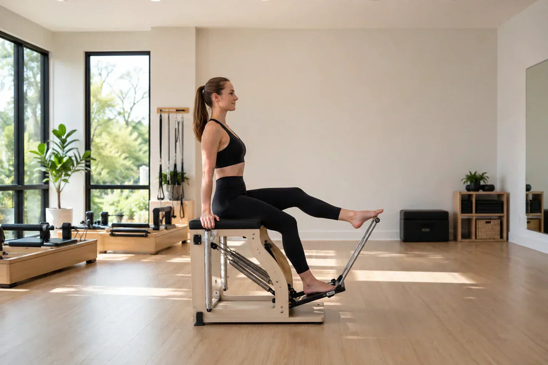 Person using a Pilates chair machine in a Pilates studio to improve strength, balance, and posture