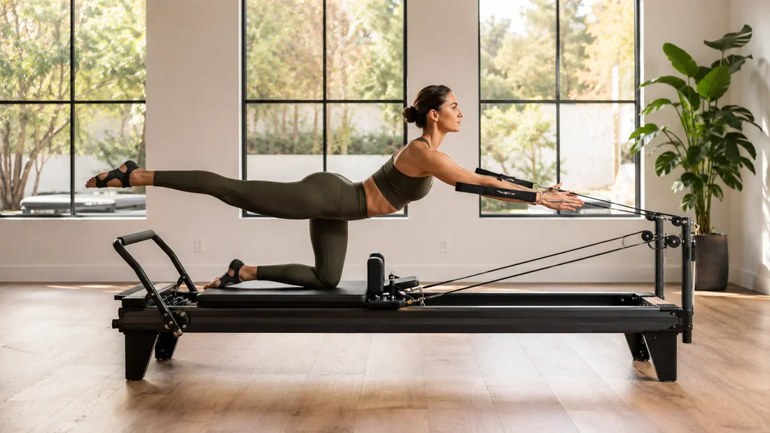 Person using a Pilates reformer machine to strengthen core, legs, arms, back, and glute muscles in a modern studio