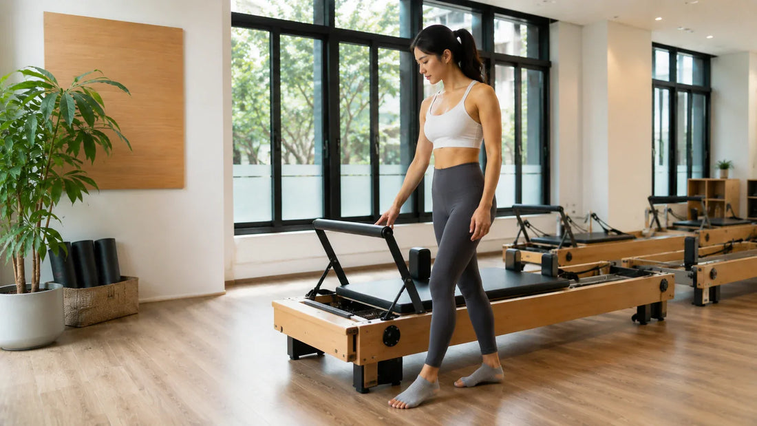Person wearing comfortable activewear and grip socks for a Reformer Pilates class in a modern studio
