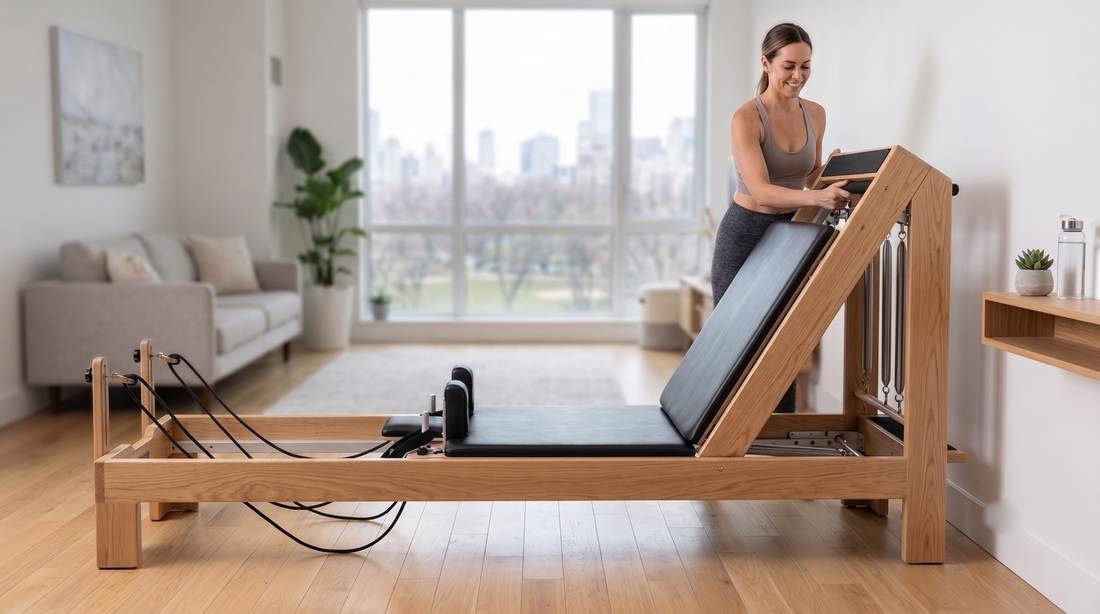 Folding Pilates reformer in a home gym setting
